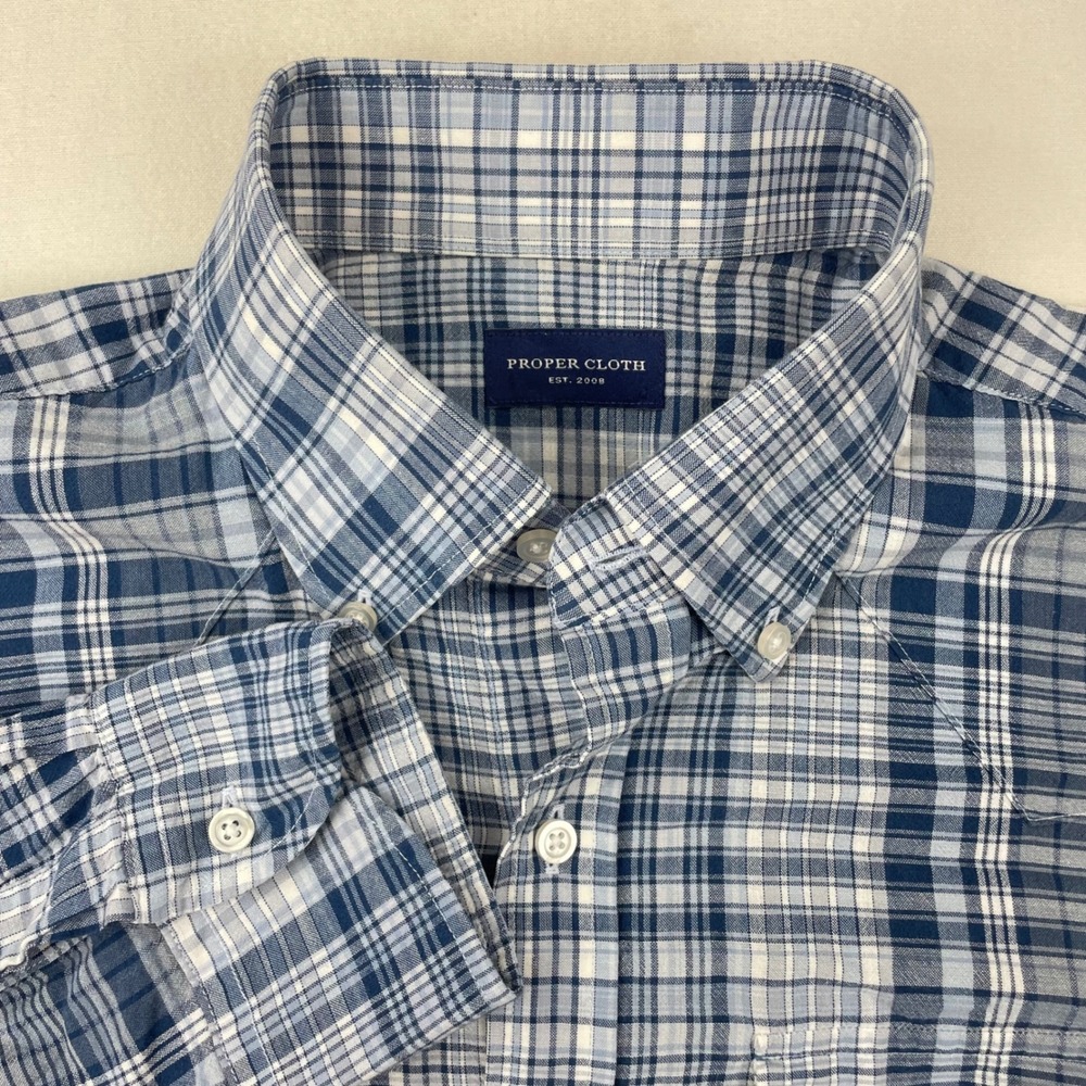 Proper Cloth Mens Medium Blue White Plaid Western Yoke Button Down Shirt Pockets